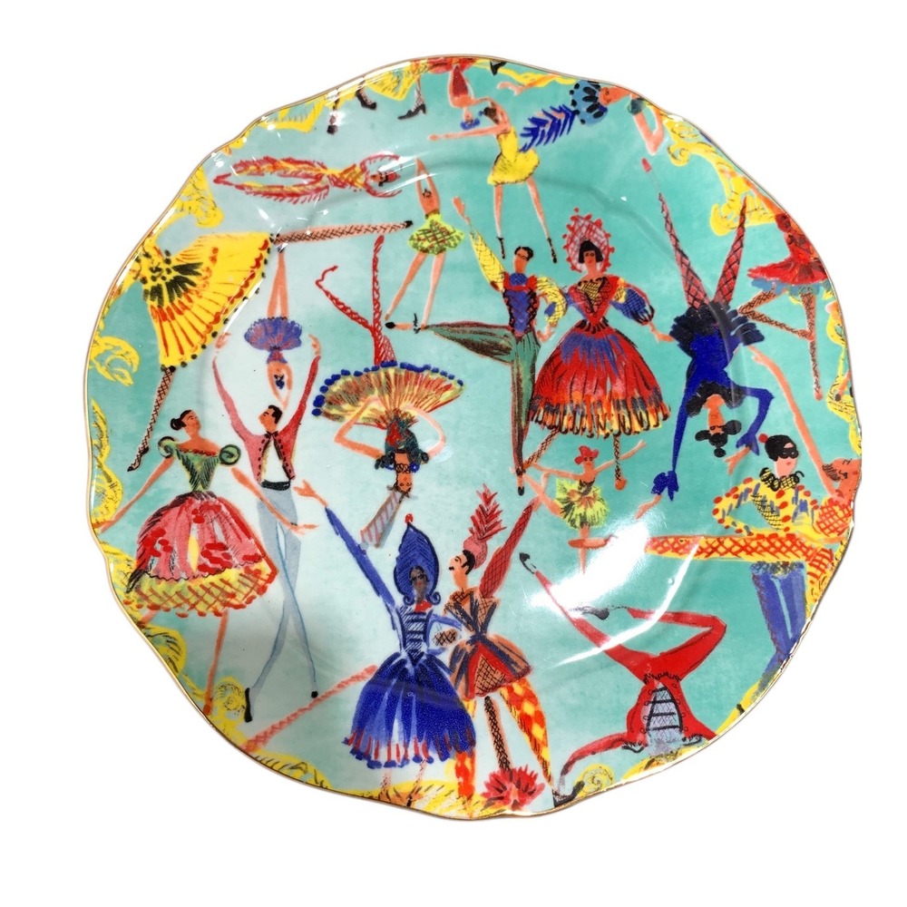Anthropologie Pauline de Roussy de Sales Circus Dessert Plate Turquoise Gold Rim